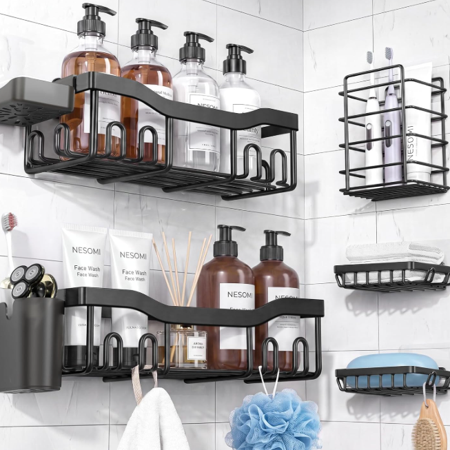 NESOMI Shower Caddy Adhesive Shower Organizer 7-Pack, Rustproof Stainless Steel Bathroom Shelves, Large Capacity No-Drill Rack Storage Accessories with Soap Dish Toothbrush Holder Hooks