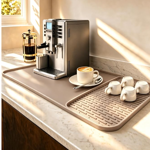Caketime 2-in-1 Silicone Coffee Bar & Dish Drying Mat (16"x16", Beige)