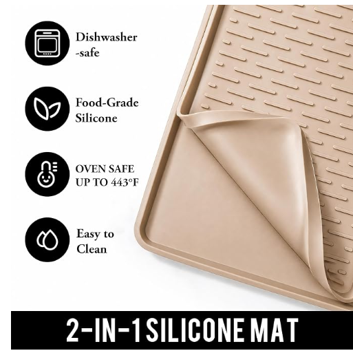 Caketime 2-in-1 Silicone Coffee Bar & Dish Drying Mat (16"x16", Beige)