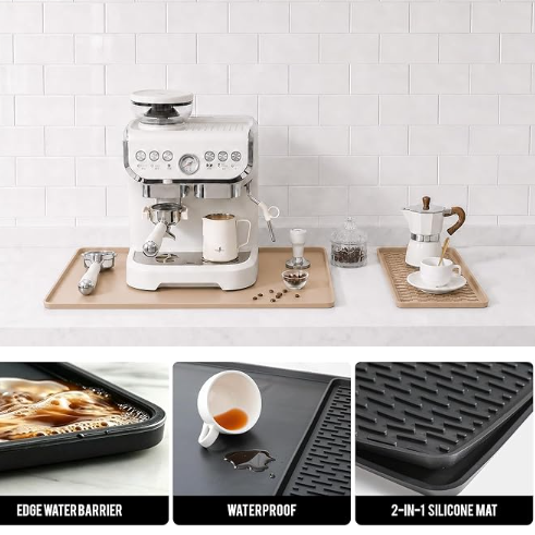 Caketime 2-in-1 Silicone Coffee Bar & Dish Drying Mat (16"x16", Beige)
