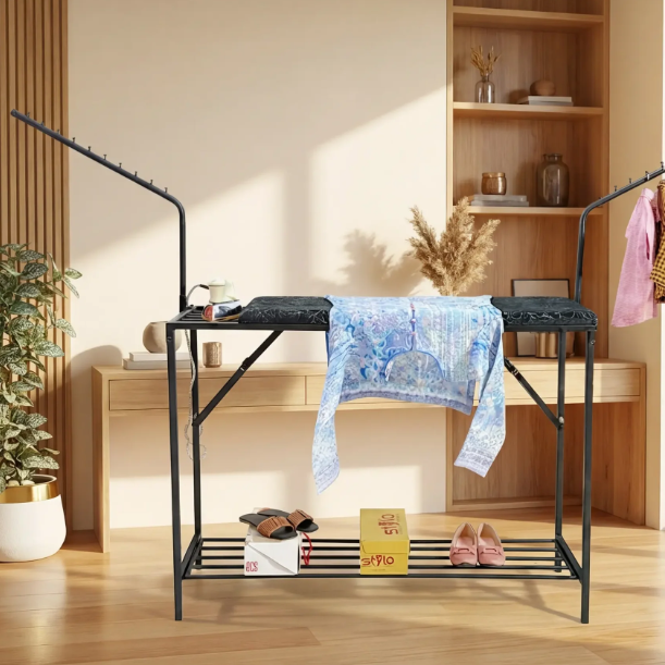 3 in 1 foldable iron 7 cloth hanging stand with shoes rack