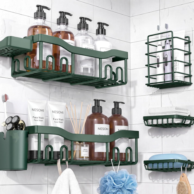 NESOMI Shower Caddy Adhesive Shower Organizer 7-Pack, Rustproof Stainless Steel Bathroom Shelves, Large Capacity No-Drill Rack Storage Accessories with Soap Dish Toothbrush Holder Hooks