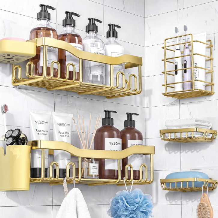 NESOMI Shower Caddy Adhesive Shower Organizer 7-Pack, Rustproof Stainless Steel Bathroom Shelves, Large Capacity No-Drill Rack Storage Accessories with Soap Dish Toothbrush Holder Hooks