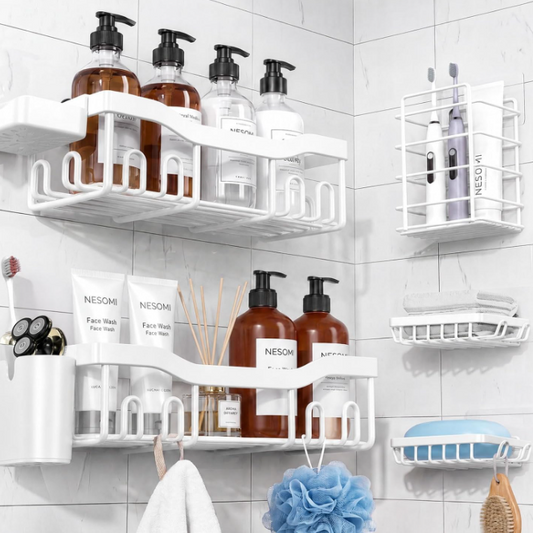 NESOMI Shower Caddy Adhesive Shower Organizer 7-Pack, Rustproof Stainless Steel Bathroom Shelves, Large Capacity No-Drill Rack Storage Accessories with Soap Dish Toothbrush Holder Hooks